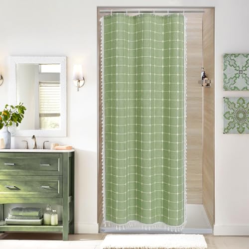 Boho Farmhouse Classic Plaid Linen Tassel Shower Curtain Sage Green,36x72