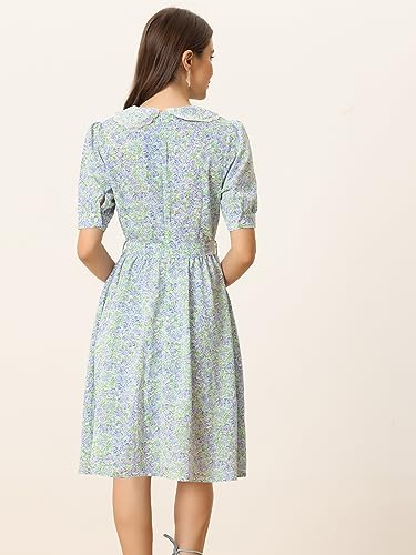 Image of Allegra K Women's Vintage Peter Pan Collar High Waist Flowy Midi Puff Sleeve Floral Dress