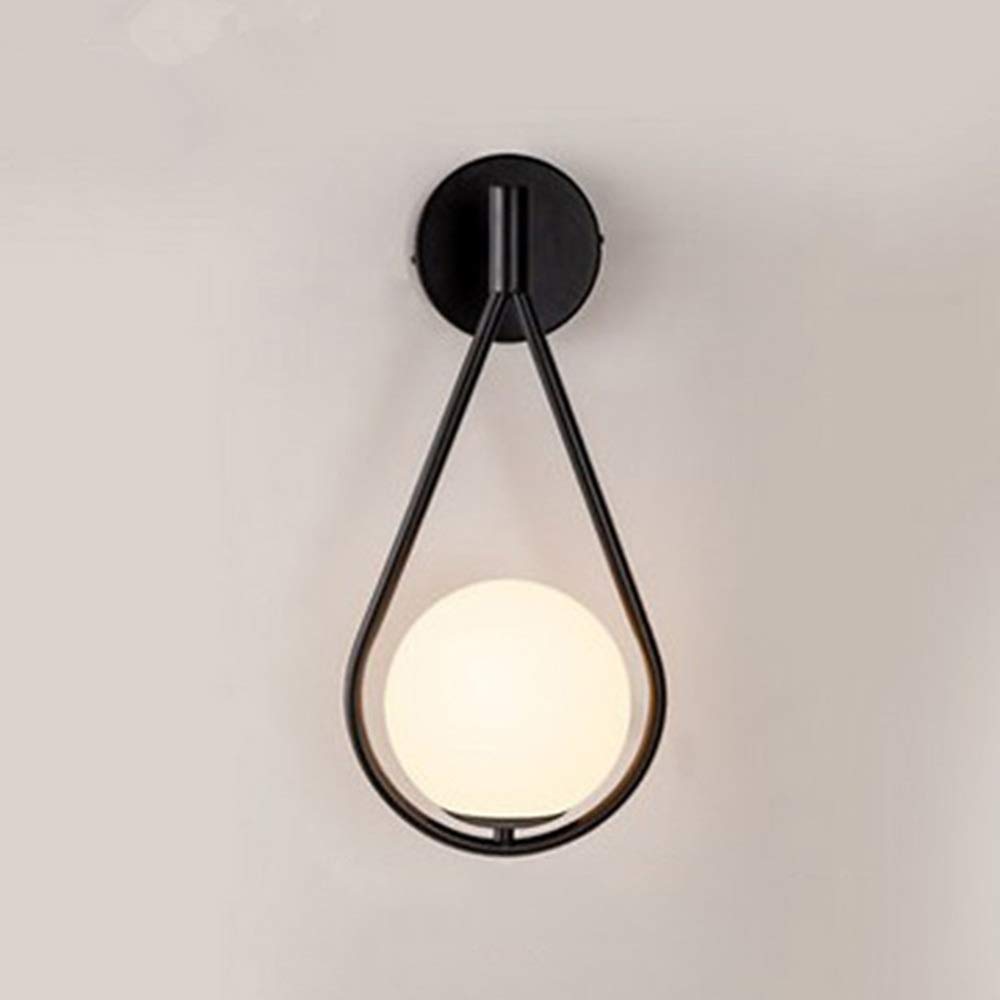 AIRUI Nordic Post Modern Wall Lamp Sconce E27 Glass Ball Shade Metal Wall Light For Living Room Bedroom Bedside Lamp Office Corridor,Black-WarmLight+5W