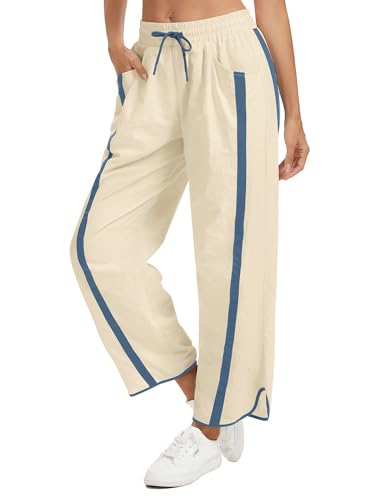 TWQTWQ Womens Wide Leg Track Pants Baggy Drawstring High Rise Side Striped Casual Lightweight Parachute Pants with Pockets(Beige Small)