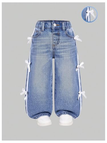 WDIRARA Toddler Girl's Cute Bow High Waisted Baggy Jeans Y2k Wide Leg Denim Pants3