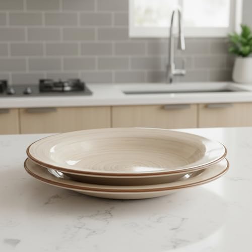 Image of Ceramic Pasta Bowls Set of 2 | 7 Inch Handmade Deep Soup Plates | Microwave Oven Safe Serving Bowls | Floral Hand-Painted Stoneware Salad Bowls (2, Beige)