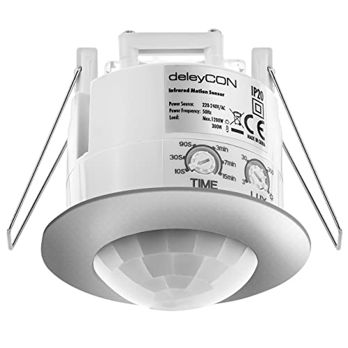 deleyCON 1x Infrarrojos Detector de Movimiento de Techo En el Interior - Alcance 6m a 360° Brillo Ambiente Ajustable IP20 Montaje Empotrado Cromado