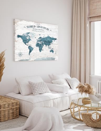 Image of IPIC - Vintage Teal World Map Canvas Wall Art, Push Pin World Map to Track Your Travels, Rustic Style Wall Decor for Home, Office, Living Room or RV, Ready to Hang, Made in USA