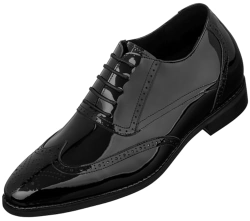 Image of CALTO Men's Invisible Height Increasing Elevator Shoes - Black Patent Leather Lace-up Wing-tip Formal Oxfords - 3 Inches Taller - S1015 - Size 8.5 D(M) US