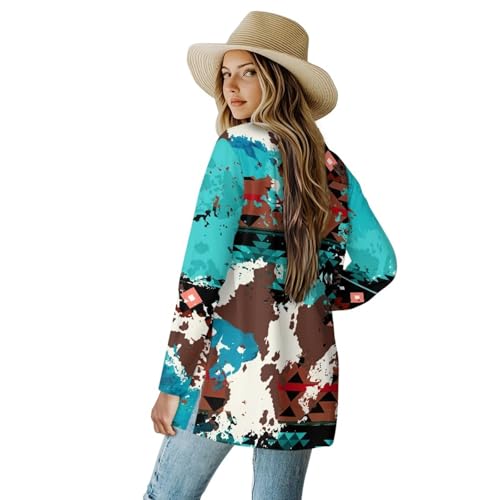 Image of Women's Aztec Open-Front Jacket Lightweight Casual Outerwear Native Western Aztec Pattern & Plaid Houndstooth Print