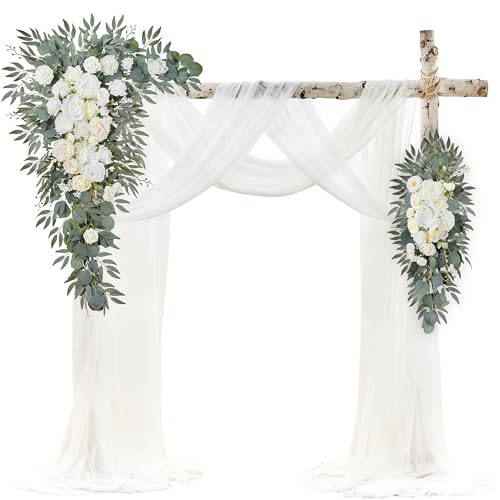 WEDFLOR Wedding Arch Flowers with Drapes Kit (Pack of 4) - 2pcs Artificial Ivory & White Deluxe Swag with 2pcs Sheer Drapes for Wedding Ceremony Arbor Reception Backdrop Rose Floral Decoration