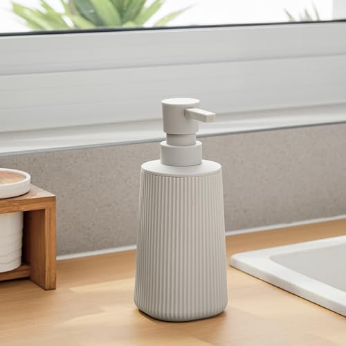 Image of Small Soap Dispenser for Bathroom and Kitchen, Modern Farmhouse Striped Style Plastic Hand Soap Dish Soap Dispenser with Pump Matte Beige