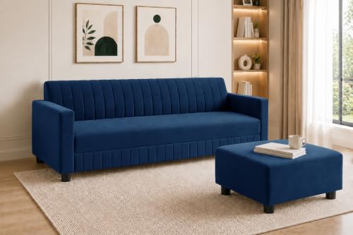 Image of Modern 3-Seater Velvet Sofa with Ottoman | Vertical Channel Tufted Backrest | Plush Cushioned Seating | Stylish Contemporary Sofa for Living Room, Bedroom & Office | Blue