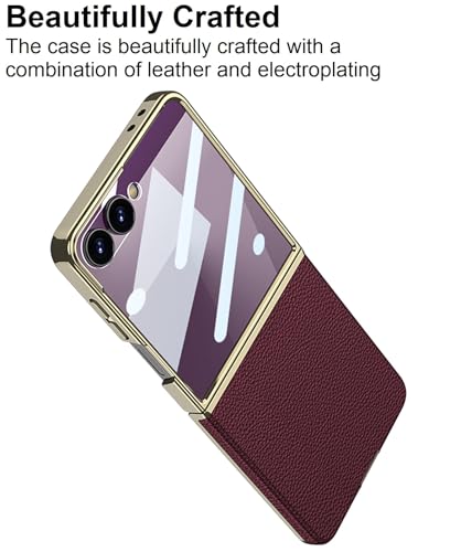 Image of Midkart Leather Case Compatible with Samsung Galaxy Z Flip 7 Release 2025 Electroplated Hard PC Lightweight with Independent Camera Protection Cover, Burgundy