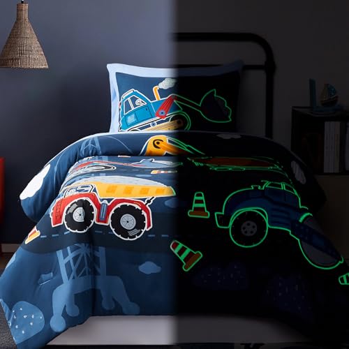 Image of Twin Comforter Set for Boys-5 Pieces Truck Glow in the Dark Bedding Set | Soft Bed in A Bag Twin with Sheet, Pillowcases & Shams