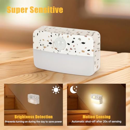 Image of Guankai 16 Pack Motion Sensor Stair Light for Indoor, Battery Operated Closet Lights, Wireless Stick on Anywhere Hallway Lamp, Portable Led Night Lamps for Bedroom Under Cabinet Kitchen,Terrazzo White
