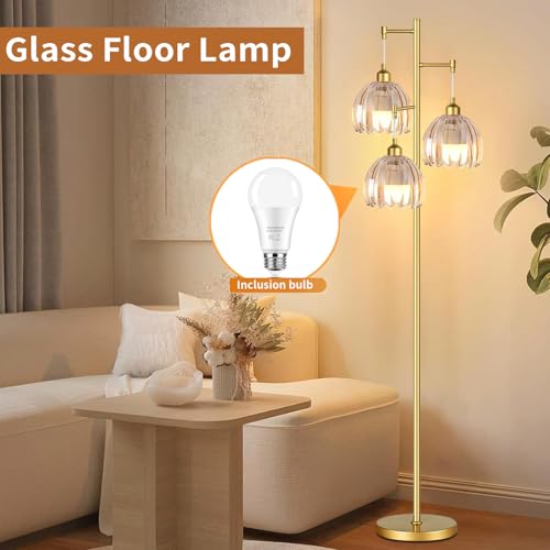 Image of Gold Floor Lamps for Living Room Vintage Floor Lamp with Glass Lmapshape & Three Led Bulb,Green Floor Lamp Brass Mid Century Modern Standing Lamp Tall Tree Flower Floor Lamps for Bedroom,Office,Corner