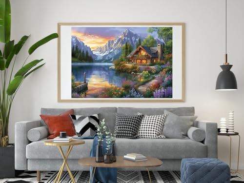 Image of Moohue Needlepoint Kits 14ct Counted Cross Stitch Kits for Adults Mountains Lake Printed Stamped Cross Stitch Patterns Kits Cross Stitch Supplies (Mountains Lake House)