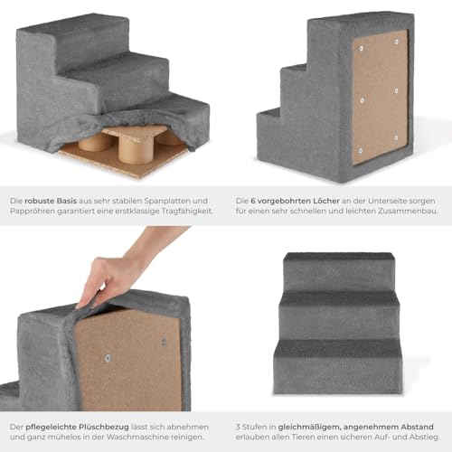 tectake® Hundetreppe oder Katzentreppe, Haustiertreppe, Einstiegshilfe mit waschbarem Bezug, extra Flache Treppenstufen, Tiertreppe für Sofa, Bett oder Auto (grau, 37 x 45 x 34,5 cm, 3)