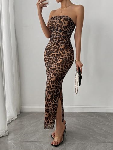 Image of LIGHT DOT Women's Summer Dress Printed Strapless Tube Bodycon Maxi Side Slit Mesh Layered