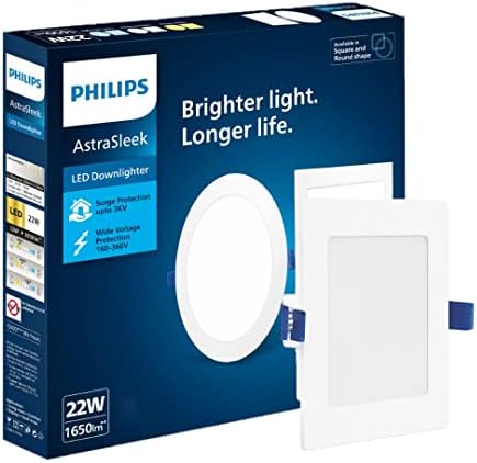 Philips Astra Sleek 22-watt Square LED Downlighter | LED Ceiling Light for Home and Hall | Cut Out: 188 mm, Color: Warm White, Pack of 1