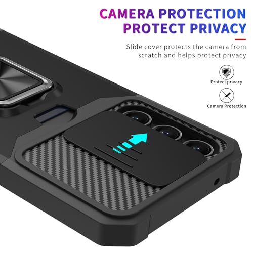 Image of LuxuryKase Shockproof Armor Case for Samsung Galaxy S26 Plus | Slide Camera Cover | Hidden Card Slot | Rotating Ring Kickstand | Magnetic Car Mount Support | Military Grade Protection - Black