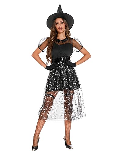 Colorful House Adult Black Witches Dress Costumes Halloween Witch Costume Outfit for Women(Medium,Moon and Stars)