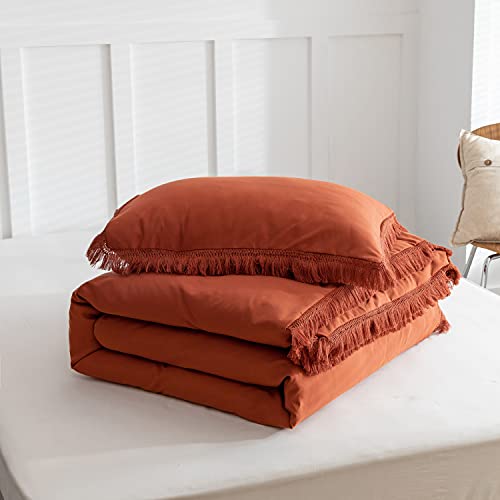 Smoofy Terracotta Duvet Cover Queen Size, 3 Pieces Bohemian Fringe Tufted Soft Tassel Microfiber Burnt Orange Duvet Cover With Zipper Closure (1 Duvet Cover, 2 Pillowcases) #TOP6