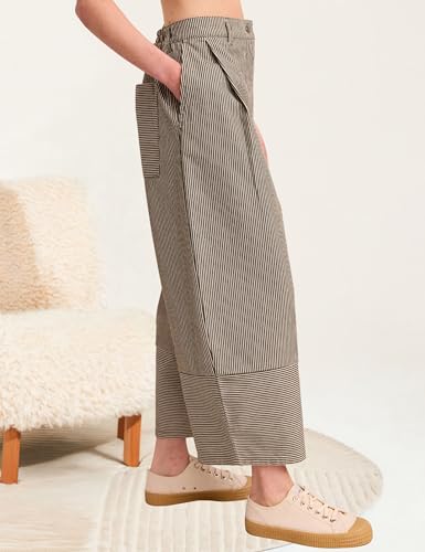 Womens Denim Barrel Pants Striped Elastic Waist Wide Leg Cropped Relax Fit Trousers with Pockets4