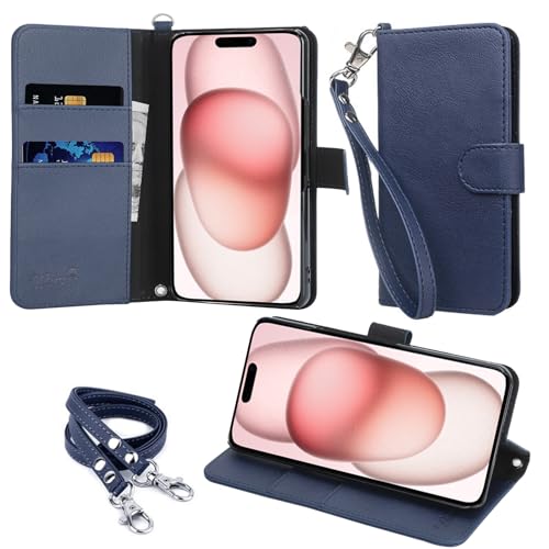 wisers iPhone 15 対応 手帳型 スマホケース (ダークブルー) 牛革PUレザー (カードホルダー/スタンド機能付) ストラップ 2種付き (ハンドストラップ/ネックストラップ)