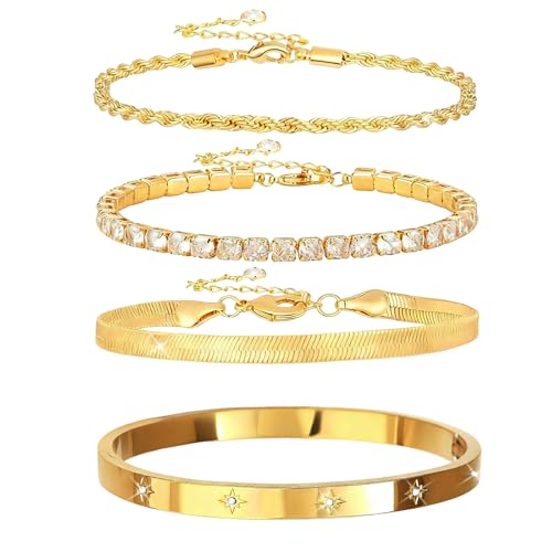 Guidre 4Pcs Goldene Boho Armreifen Set DamenStapelbare Vintage Armbänder Indian Bracelet Set Goldene Armreifen für Hochzeit/Party Arm Jewelry for Women Wedding Party (Armbänder)