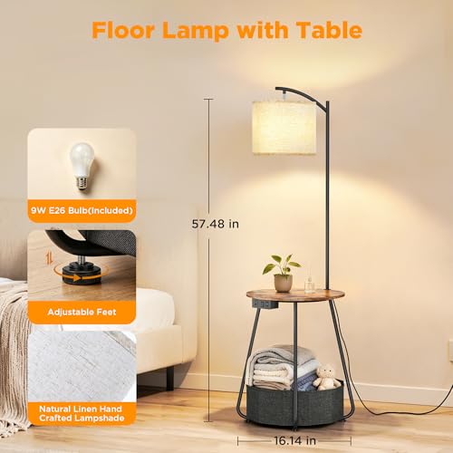 Image of LUTEC Floor Lamp with Table, End Table with Charging Station(USB & Type-C & AC Port), Round SideTable with Fabric Basket, 3 Color Temperatures 9W LED Bulb, Modern Nightstand for Bedroom, Living Room