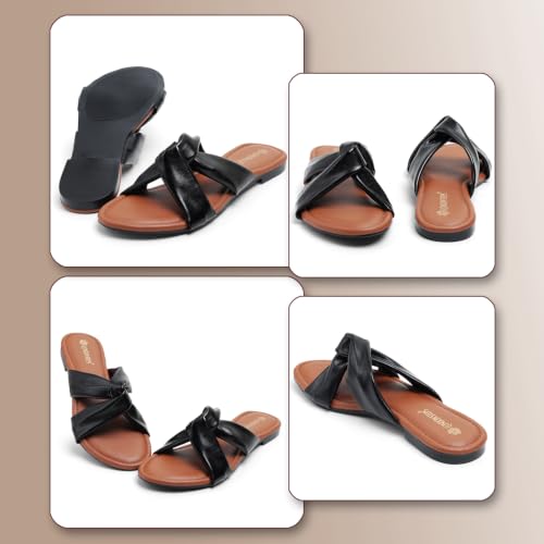 Image of Women's Cross Strap Slide Sandals | Soft Cushioned Flat Slip-On Slippers | Lightweight Anti-Skid Casual Comfort Sandals for Everyday Wear
