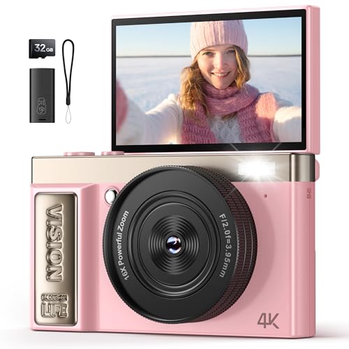 Digitalkamera 4K 64MP Kamera Fotokamera: Rosa Digital Kamera für Vlog - Digital Camera Autofokus - Vintage Fotokamera Kinder - Geschenke für Teenager Junge Mädchen 10-18 Jahre - 180° Klapp-Bildschirm