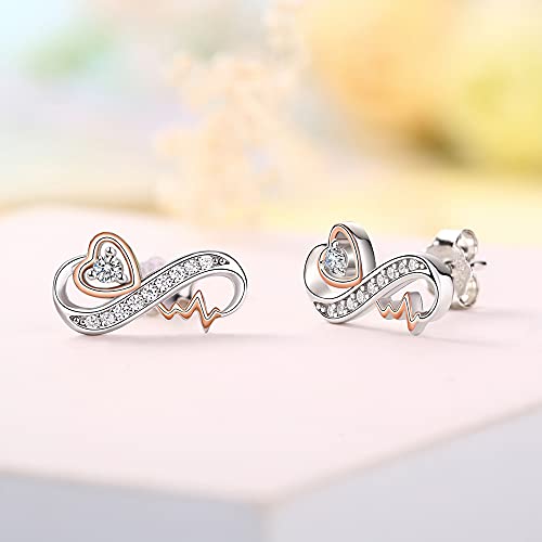 Forever Love White Rose Gold 925 Sterling Silver Cz Nurse Stud Earrings Set For Women Bsn Rn Practitioner Registered Nursing Doctor Heart Heartbeat Infinity Knot Pierced Post Earrings Medical Jewelry Sensitive Ears Mother Day Birthday Gifts #TOP3