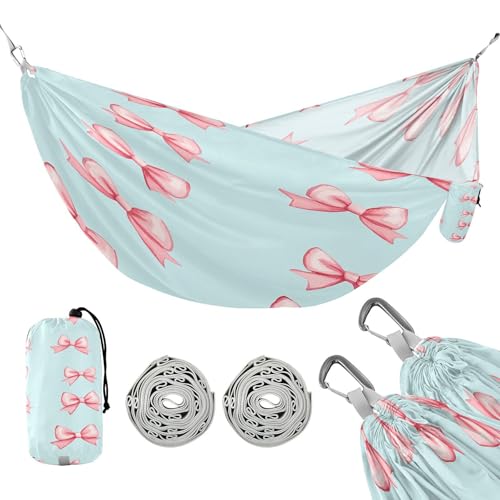 ATTX Small Pink Bows Camping Hammock - Lightweight & Portable Hammocks, Heavy Duty 330lbs Capacity for Indoor, Hiking, Backpacking, Travel, Backyard, Beach#594