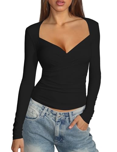 Amoretu Women's Stretchy Wrap Cross Neckline Ruched Shirt Long Sleeve Going Out Fitted Top2