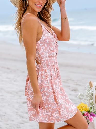 Image of CUPSHE Women's Floral Mini Sundress Twisted V Neck Sleeveless Short Dress Self Tie Back Summer Vacation Beach Dress