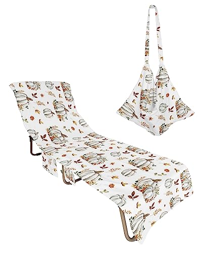 White Pumpkin Beach Chair Towel Covers for Chaise Lounge with Side Pocket, Soft Plush Pool Towels Cover for Patio Sunbathing Outdoor 29''x85'' Fall Thanksgiving Day Maple Leaves