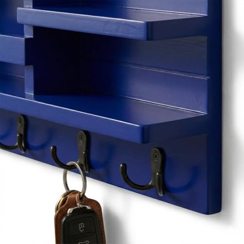 Image of Key Holder for Wall with Mail Shelf & 4 Hooks | Engineered Wood (Blue, Elegant Mail Organizer - 35.5 x 9 x 23 cm)