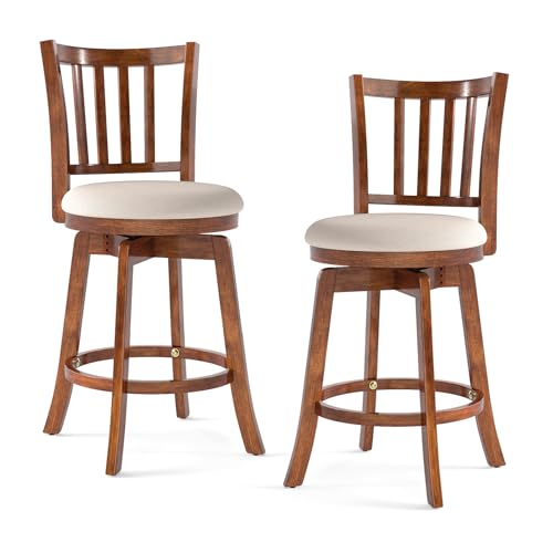 Butacos Giratorios de Barra Giantex, Set de 2 Unidades, Altura para Encimera (25 pulgadas), Patas de Madera de Caucho y Reposapiés, Asiento Tapizado, Estilo Granja para Isla de Cocina, Comedor y Pub miniatura 1