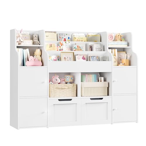 FINETONES Toy Storage Organizer, Large Toy Organizers and Storage with 8 Storage Cubbies and 2 Movable Drawers, Toy Shelf Organizer with 4 Display Shelves, 3-Tier Kids Bookshelf and Toy Storage