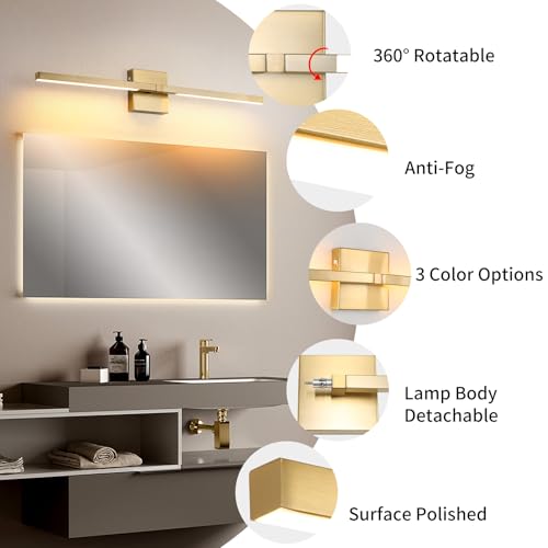 Image of Tanoxo Bathroom Vanity Light Fixtures,30 inch Rotatable LED Vanity Lights with 24W,Adjustable 3000K,4000K,5000K Light,Brushed Bathroom Wall Sconce Over Mirror,Gold
