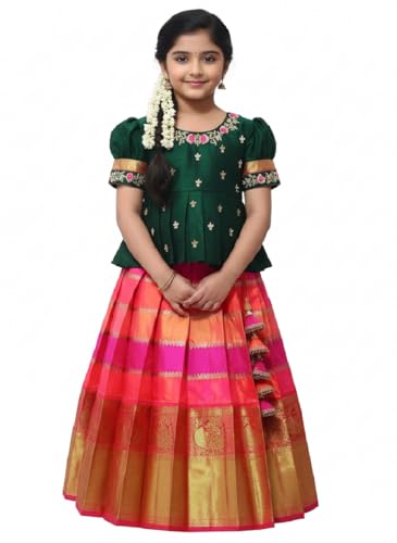 Image of Wommaniya Impex New south Indian traditional pattu pavadai Jecquard Lehenga choli for girls dress