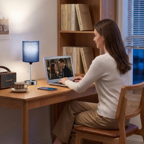 Image of Blue Bedside Table Lamp for Bedroom, Desk Lamp with USB Ports for Dorm