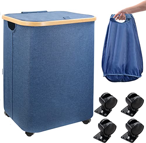 Laundry Hamper with Wheels and Lid, 80L Clothes Basket with Bamboo Handles, Large Foldable Rolling Laundry Hamper for Bedroom, Bathroom, Dorm - Blue
