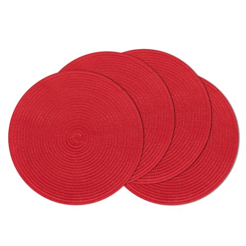 Image of SHACOS Round Placemats Set of 4 Non Slip Washable Place Mats 15 inch Cotton Polyester Braided Placemat for Christmas Home Wedding Party Dining Table Decor (Red, 4)