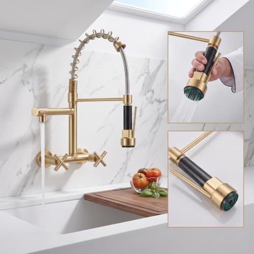 Image of InArt Elite Luxury with Wall-Mounted Kitchen Sink Tap - 360 Pull-Down Sprayer, Multi-Function Spray Head, Single Lever, Gold Finish, and Hot & Cold Functionality Faucet Sink - 5 Year Warranty