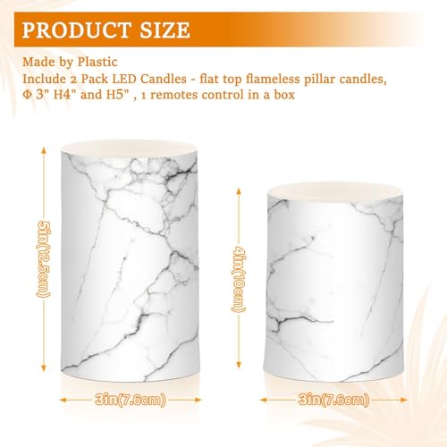 Image of Flickering Flameless Candles, White and Black Marble LED Candles with Remote Timer, Set of 2 Battery Operated Candle for Valentine Wedding Birthday