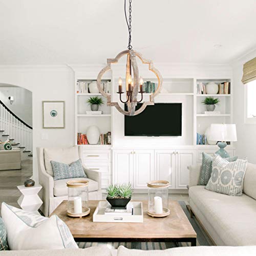 Farmhouse Wood Chandelier 22" Rustic Orb Chandelier Ceiling Pendant Light for Dining Room 4-Light Candle Pendant Light with Chain for Foyer Entryway Bedroom Kitchen Island - Image 4