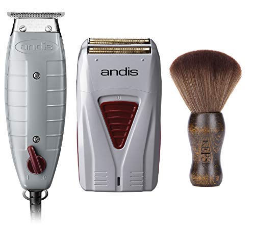 Andis Professional Finishing Combo, T-Outliner Beard/Hair Trimmer with T-Blade, Gray, Model GTO - Cordless Mens Long Lasting Lithium Battery Titanium Foil Shaver (17195)-Bundled with KEPSE Neck Duster