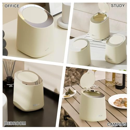Image of Mini Desktop Bin with Lid, 2L Small Bathroom Dustbin with 1Roll of Trash Bags, Trashs Can with Press Type Lid Plastic Desktop Trash Bin for Home, Office, Vanity, Creamy White