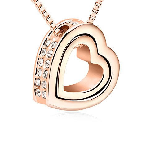 Xingzou Swarovski Elements Pendant Necklace for Women Rose Gold Plated Dual Heart Hollow Crystal Jewelry