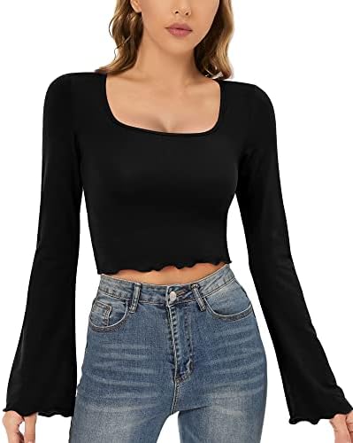 CLOZOZ Crop Tops for Women Square Neck Long Bell Sleeve Tops Lettuce Trim Crop Top Slim Fitted Blouse Sexy Tops for Women Black